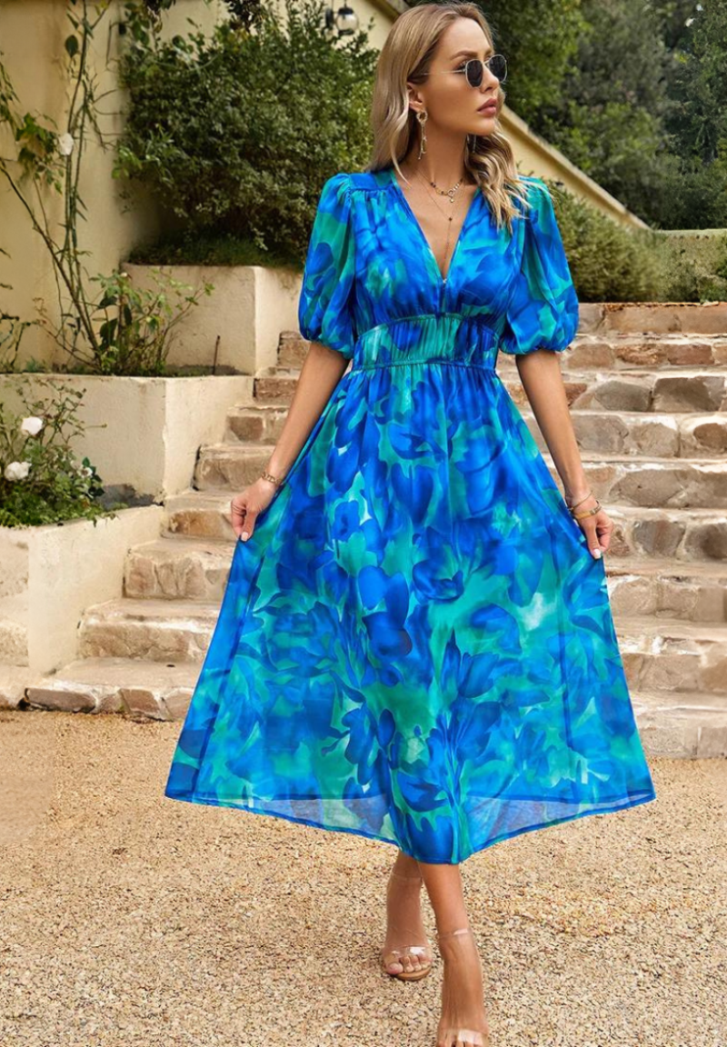 Luftiges Boho Midikleid für Hochzeitsgäste in Blau