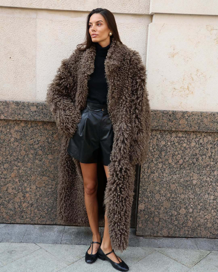 Maxi Kunstfell Teddy Winterjacke Damen in Kaffee