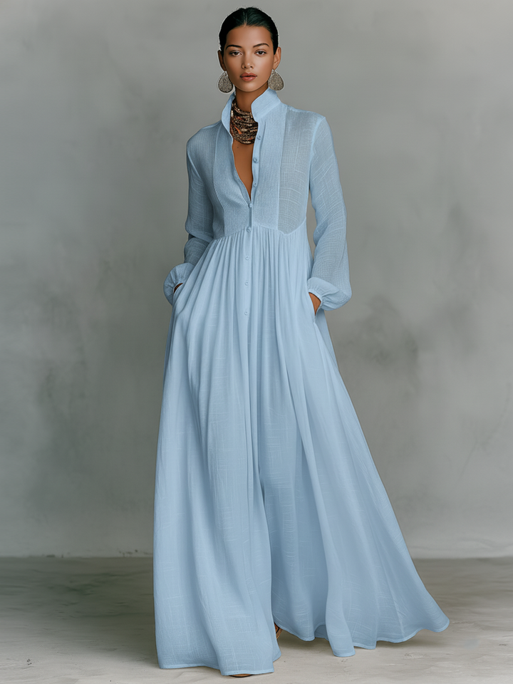 Minimalist Cotton And Linen Patchwork Single-breasted in Blau