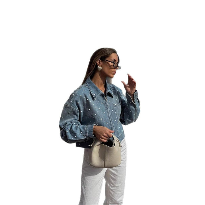 Moderne Damen Winterjacke aus Denim mit Perlenbesatz (5)