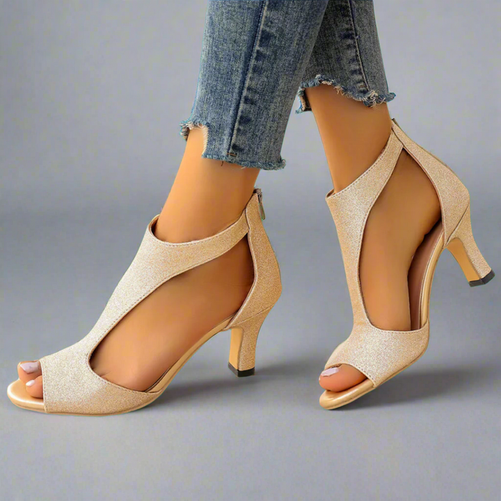 Orthopädische Komfortsandalen mit Absatz in Goldfarben
