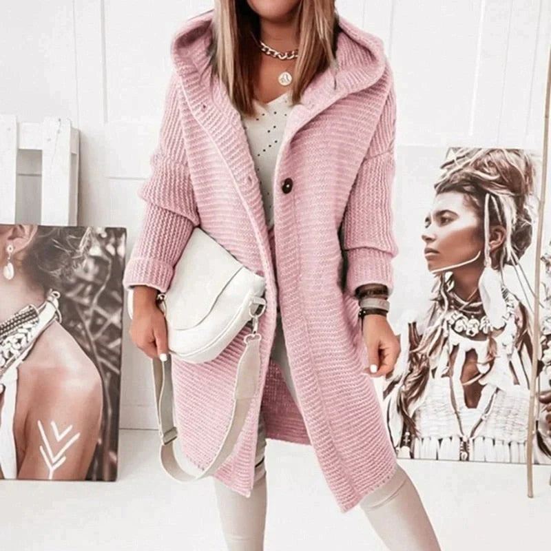 Oversize Damen Strickjacke mit Kapuze für Herbst in Rosa 1