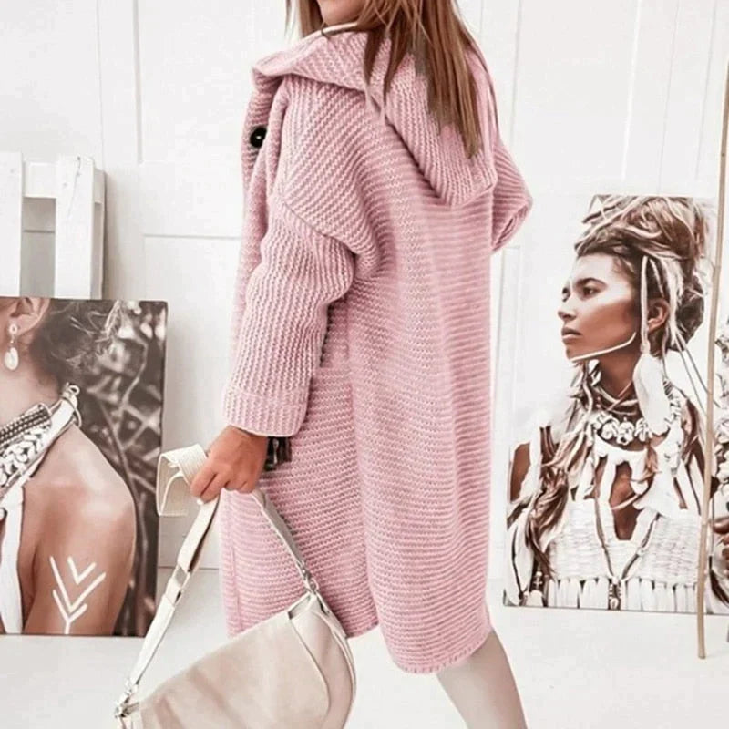 Oversize Damen Strickjacke mit Kapuze für Herbst in Rosa 2
