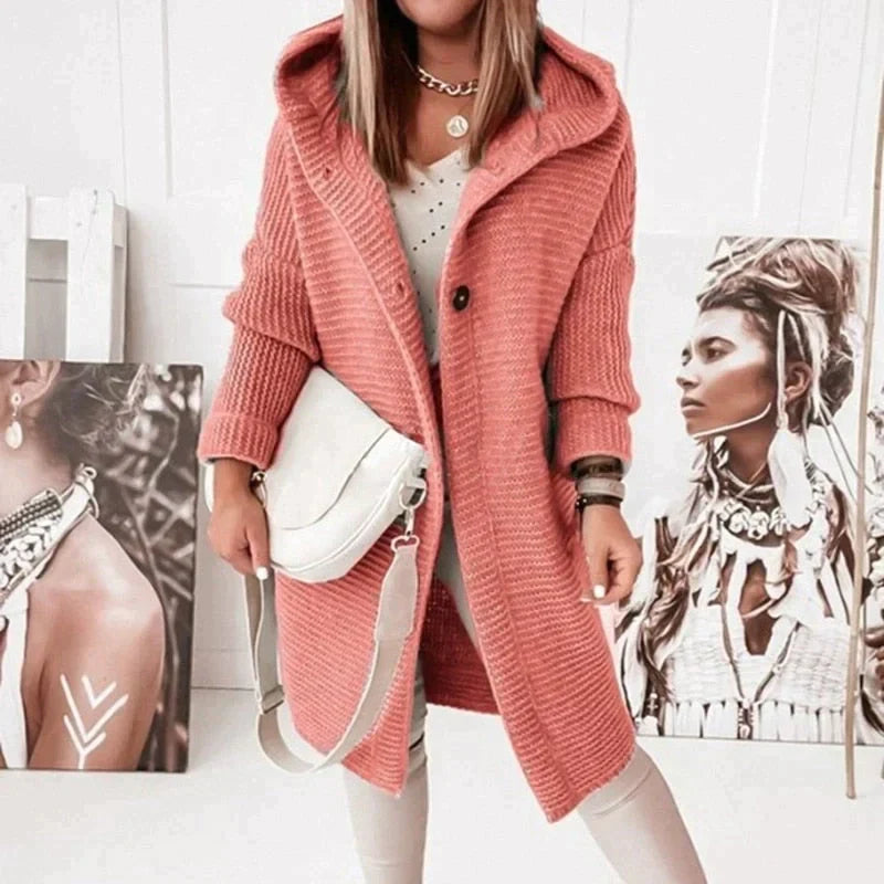 Oversize Damen Strickjacke mit Kapuze für Herbst in Rot