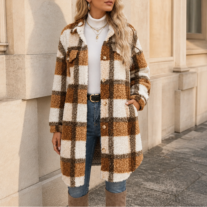 Oversize Damen Winterjacke mit Sherpa im Karo (12)