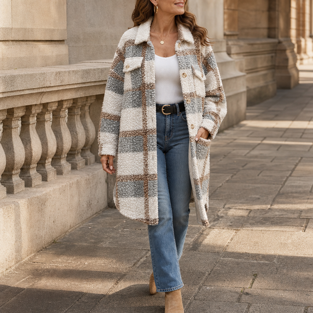 Oversize Damen Winterjacke mit Sherpa im Karo (4)