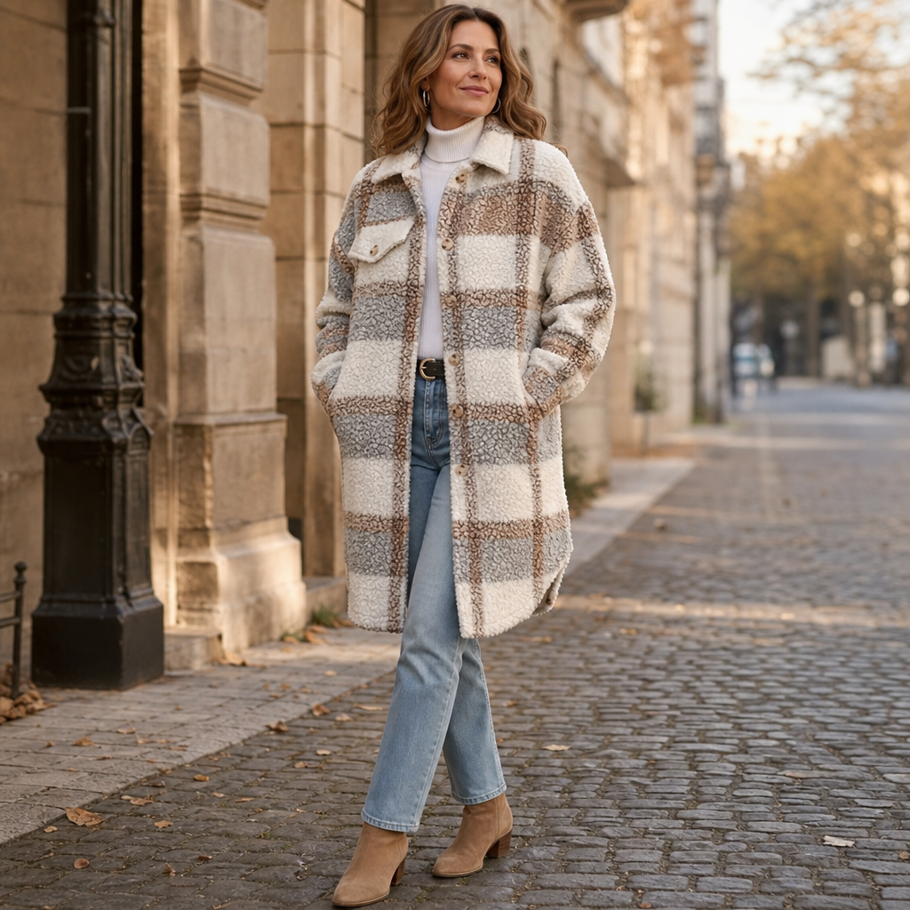 Oversize Damen Winterjacke mit Sherpa im Karo (5)