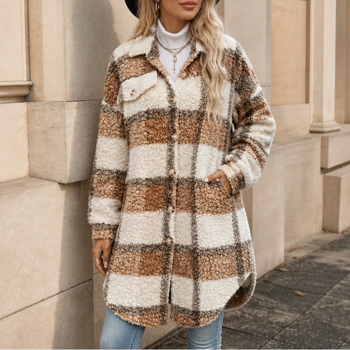 Oversize Damen Winterjacke mit Sherpa im Karo in Dunkelbraun