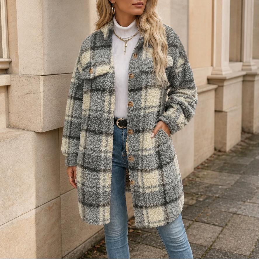 Oversize Damen Winterjacke mit Sherpa im Karo in Dunkelgrau