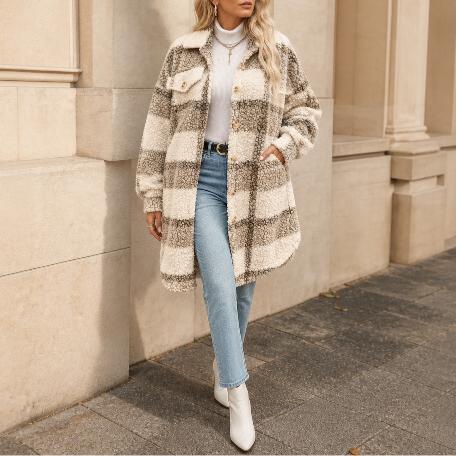 Oversize Damen Winterjacke mit Sherpa im Karo in Hellbraun