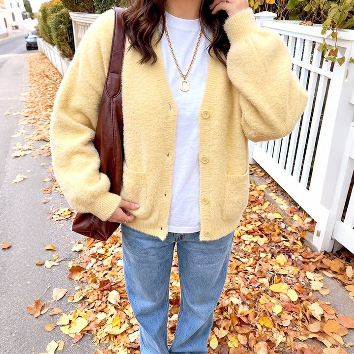 Oversized Damen Strickjacke aus Teddy-Fleece