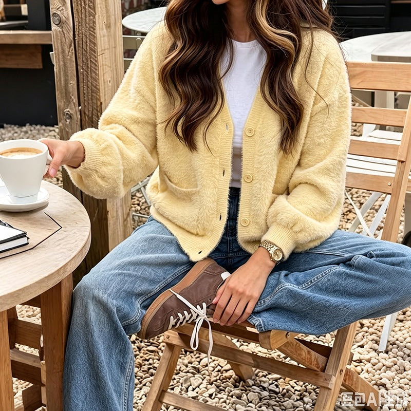 Oversized Damen Strickjacke aus Teddy-Fleece (4)