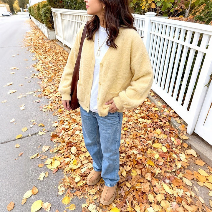 Oversized Damen Strickjacke aus Teddy-Fleece in Gelb