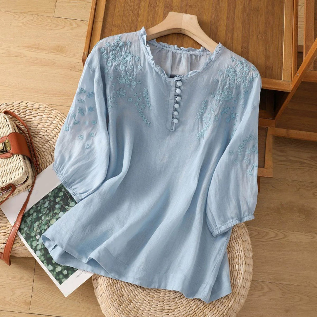 Romantische Boho-Bluse mit Rüschenkragen in Blau
