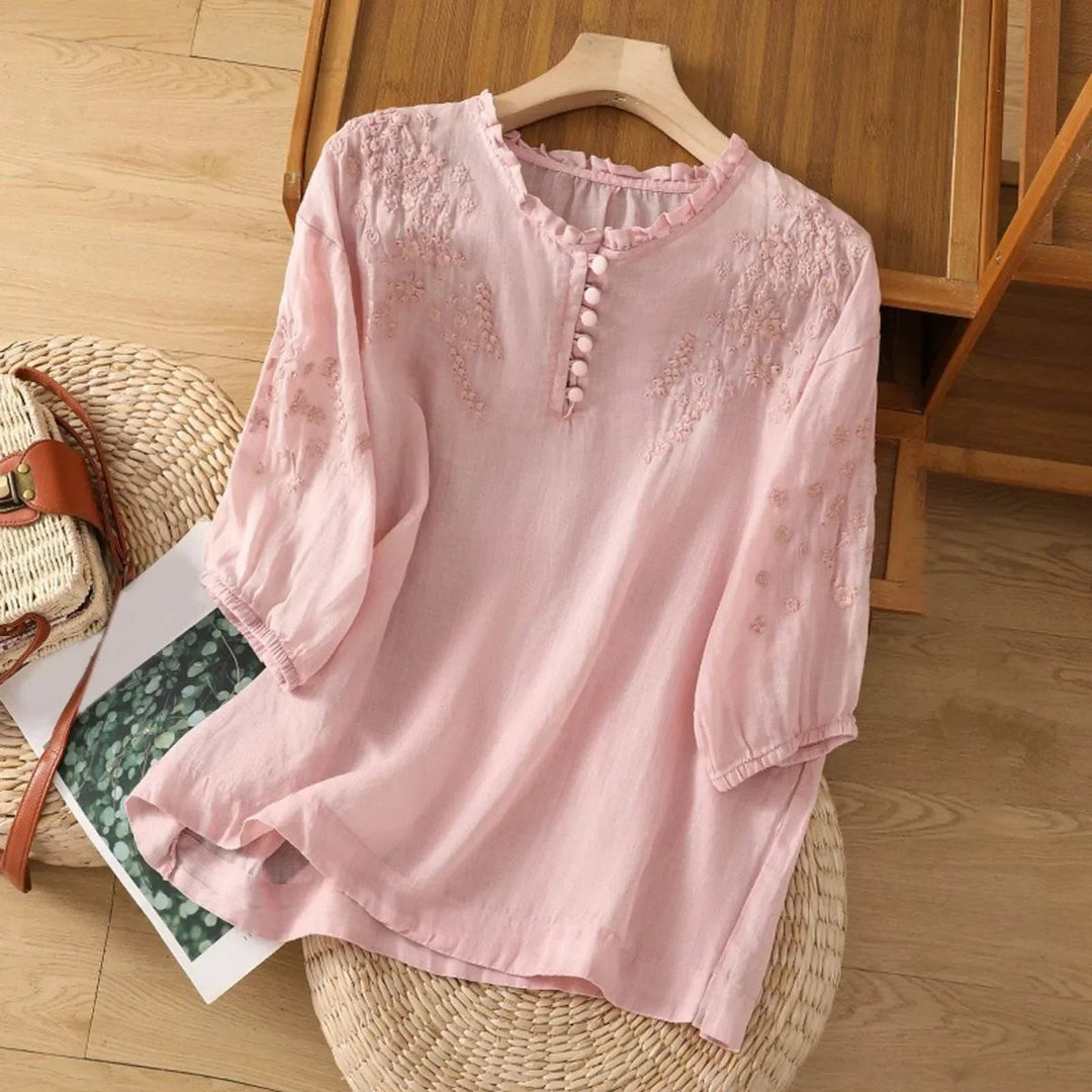 Romantische Boho-Bluse mit Rüschenkragen in Rosa