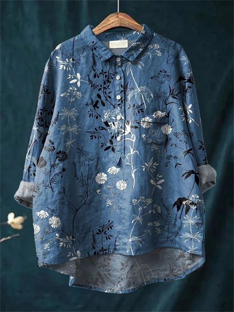 Sanfte Blumendruck-Bluse in Blaues Blumenmuster