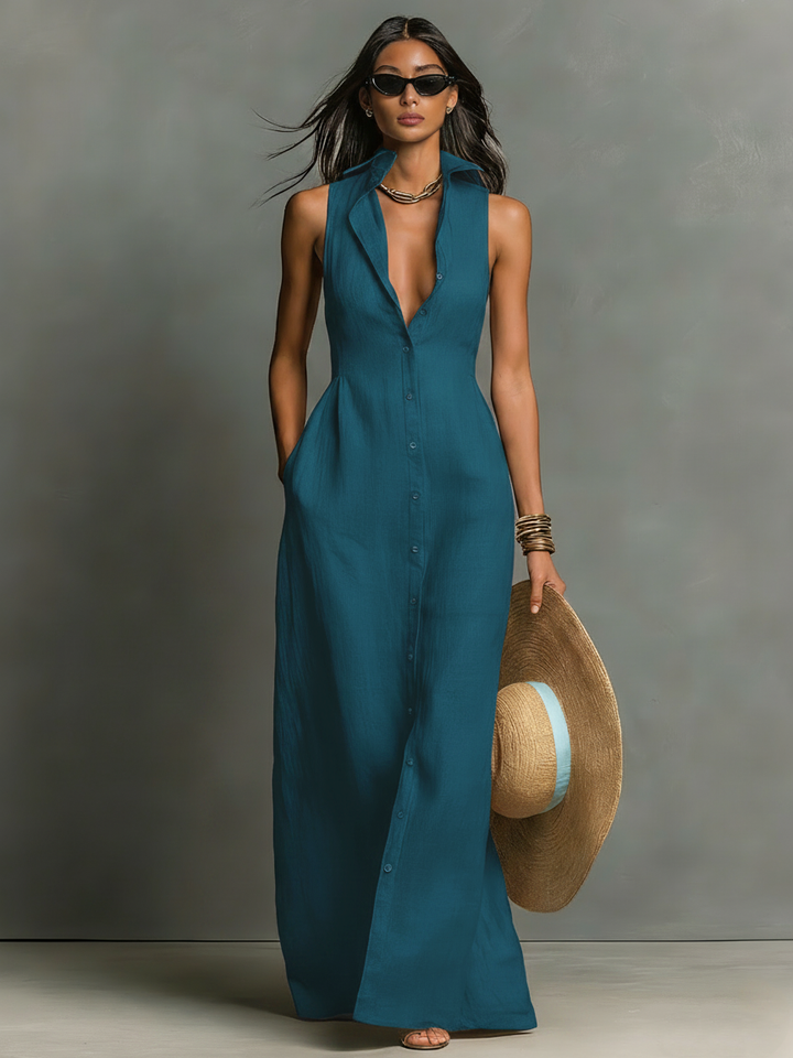 Schlichtes Herbst-Maxikleid in Türkisblau