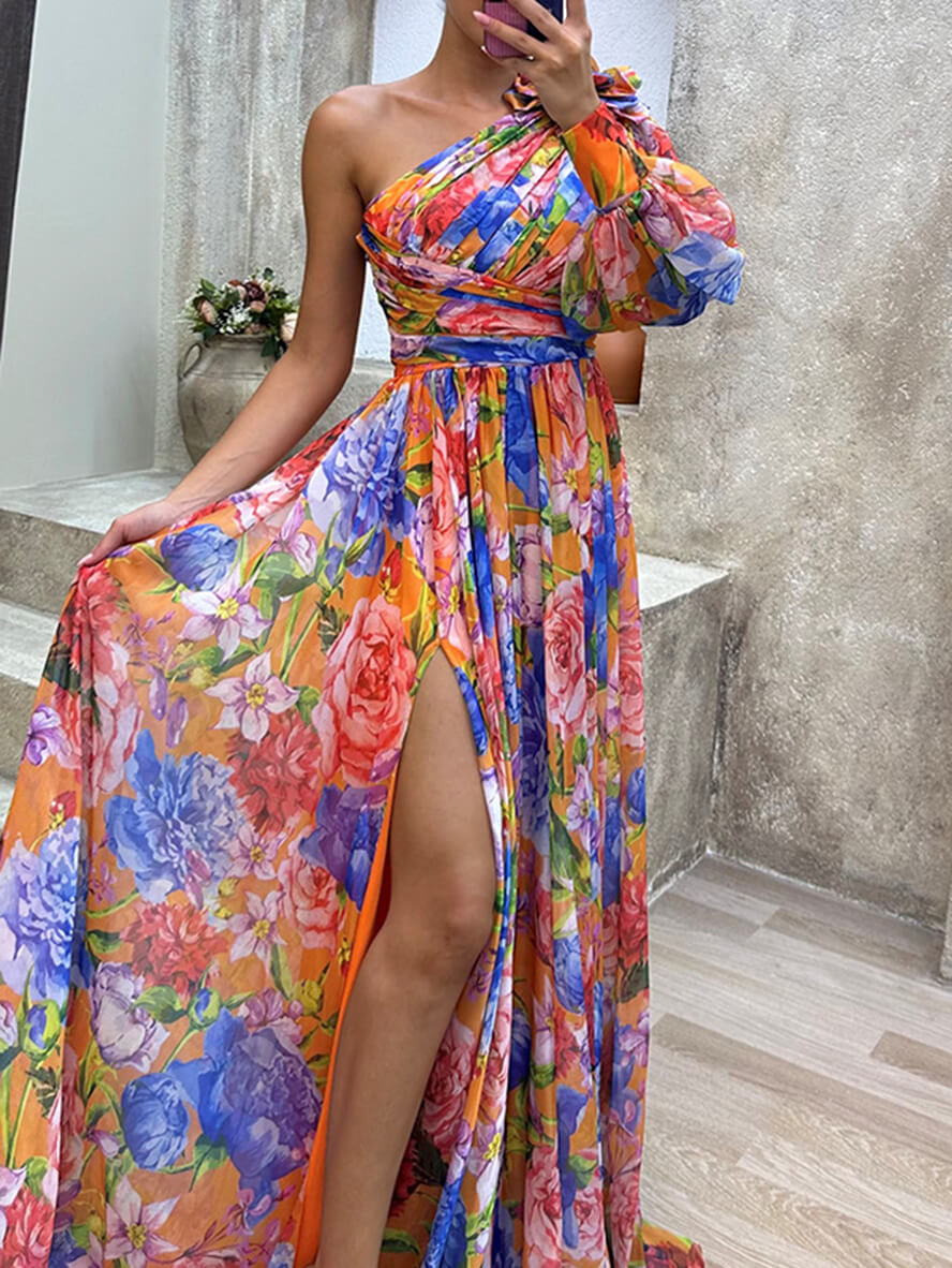 Shoulder Floral Maxi Dress with Side in Orange