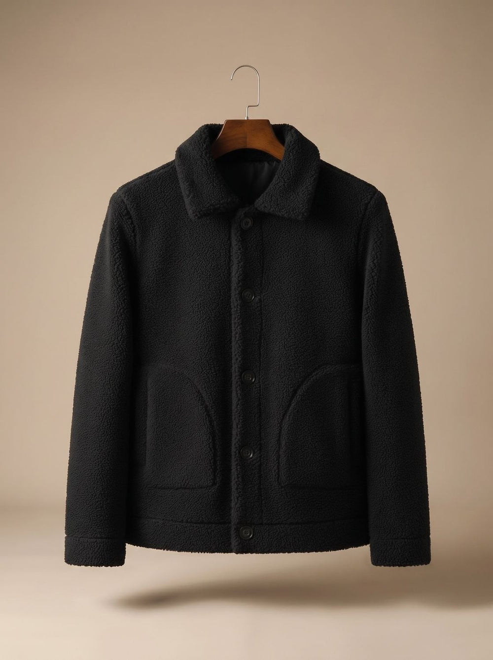 Strukturierte Herren Jacke aus Teddy Fleece in Schwarz