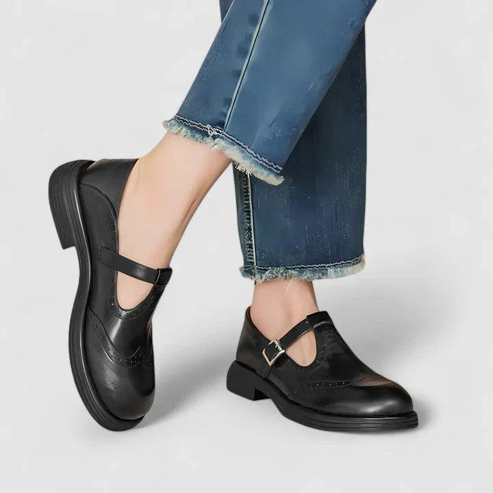 Vielseitige Damen Stiefeletten mit T-Riemen aus Leder in Schwarz