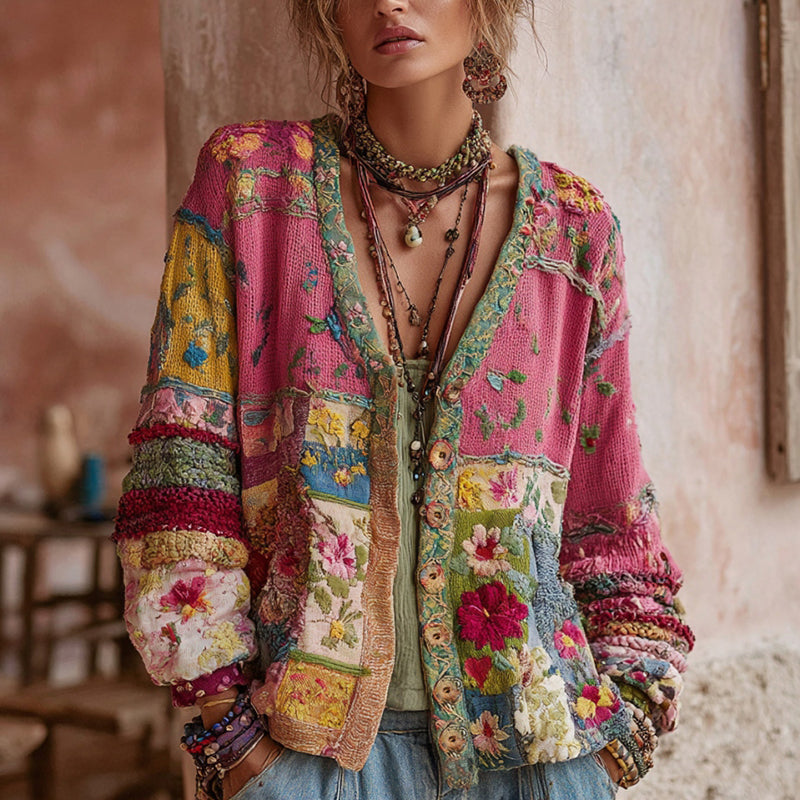 Vintage Boho-Strickjacke mit Blumenmuster in Rosa