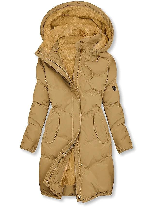 Warme Damen Winterjacke mit Kapuze in Beige