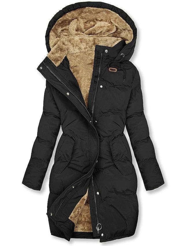 Warme Damen Winterjacke mit Kapuze in Schwarz