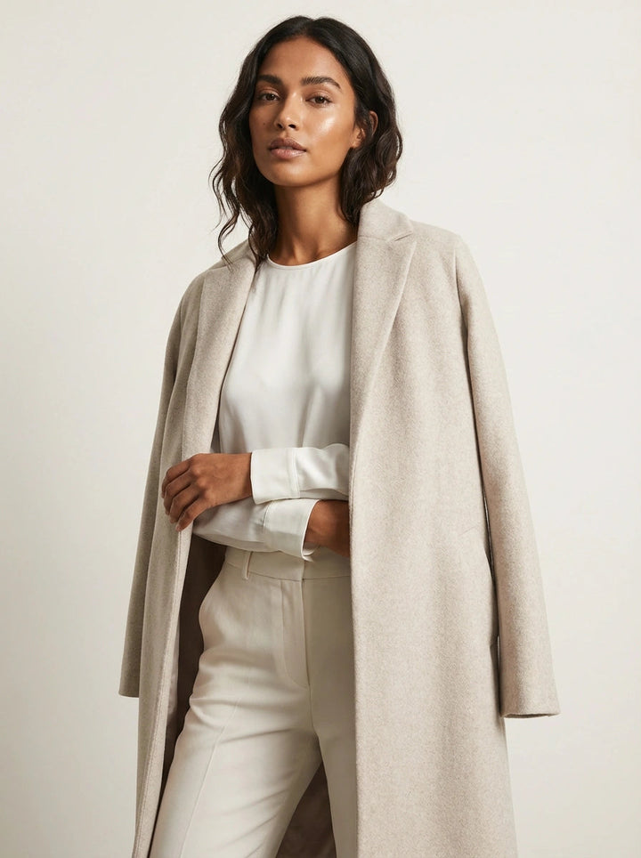 Warmer Herbstmantel für Damen im klassischen Stil in Beige