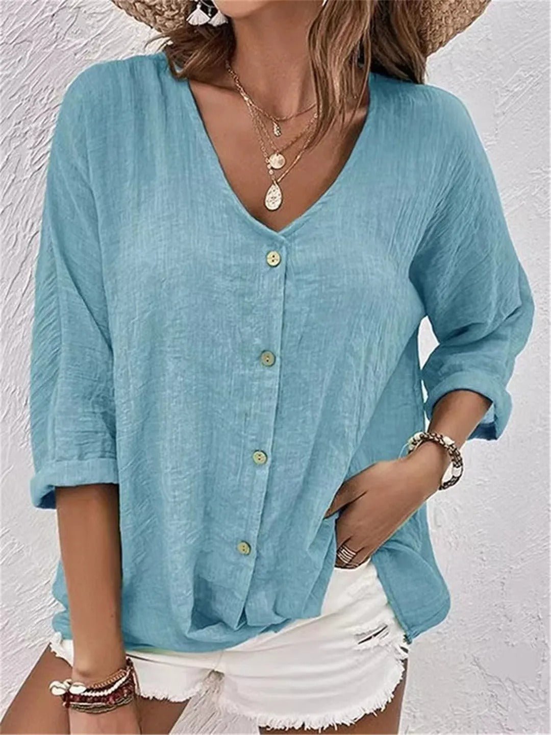 Weiche Knitter-Bluse mit V-Ausschnitt in Hellblau
