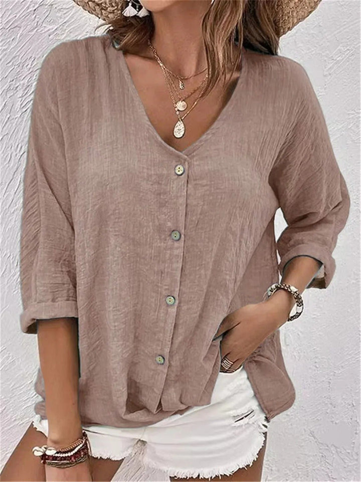 Weiche Knitter-Bluse mit V-Ausschnitt in Hellbraun