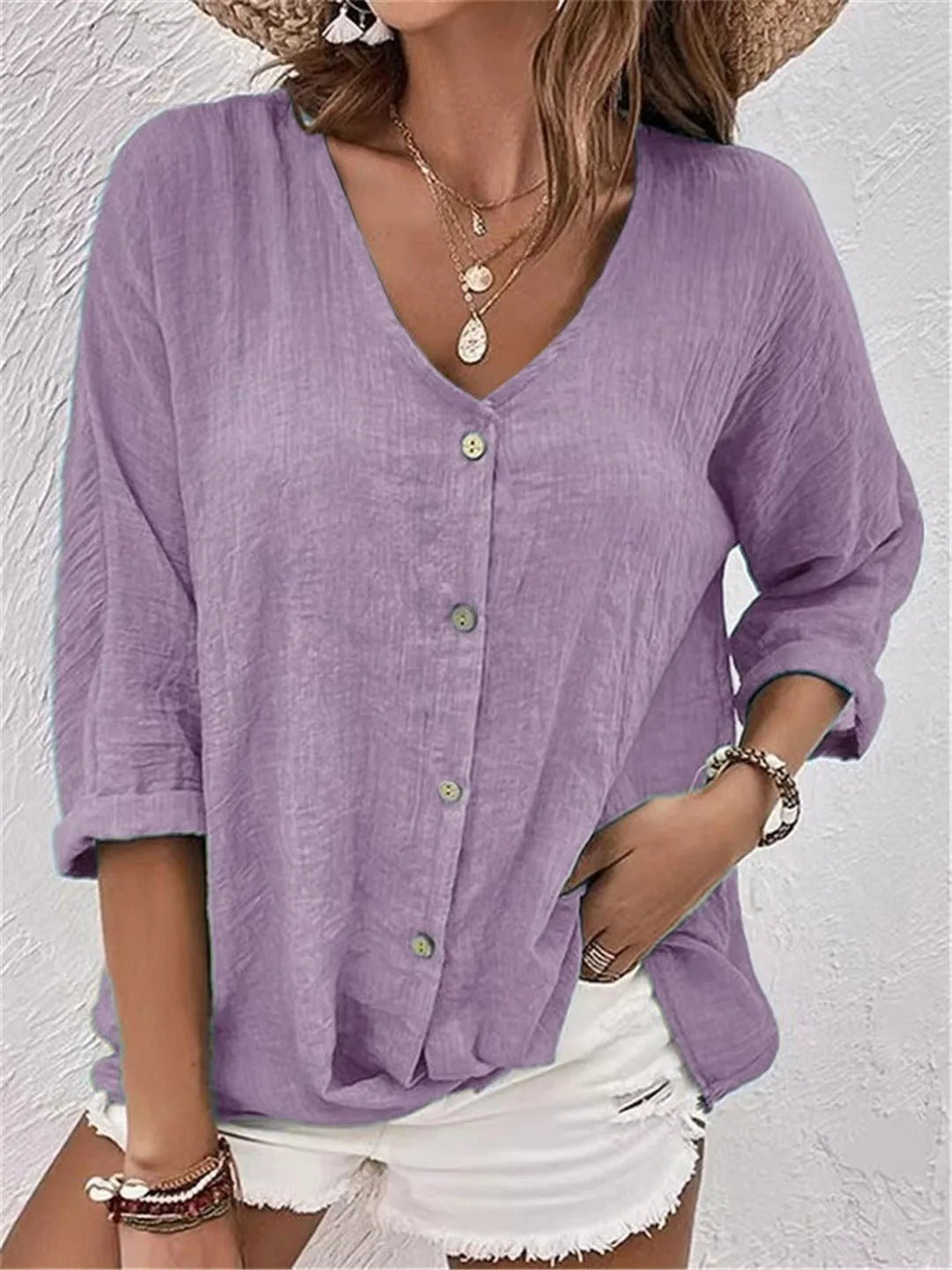 Weiche Knitter-Bluse mit V-Ausschnitt in Helllila
