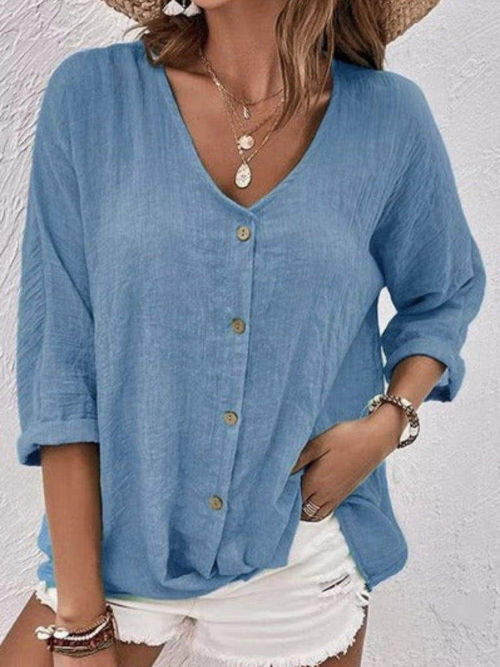 Weiche Knitter-Bluse mit V-Ausschnitt in Steel Blue
