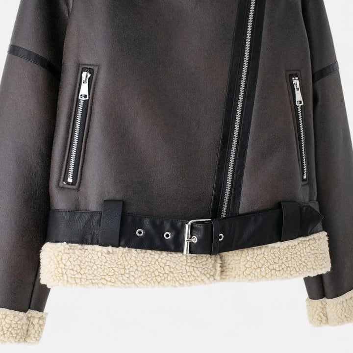 Winterjacke Damen aus Leder mit Gürtel (8)