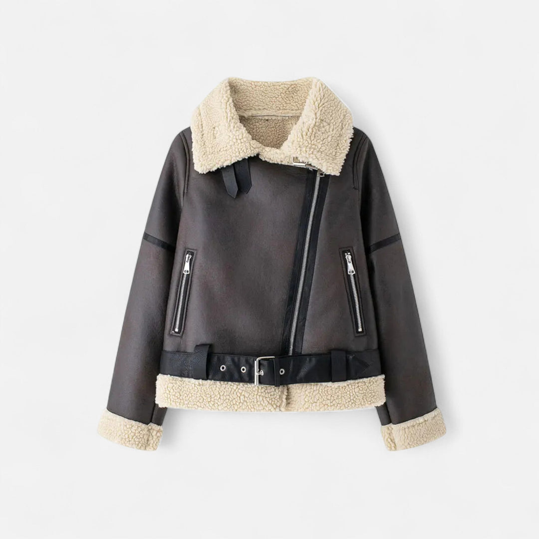 Winterjacke Damen aus Leder mit Gürtel in Braun