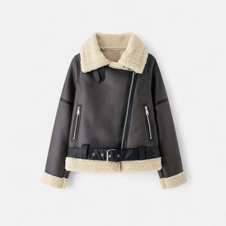 Winterjacke Damen aus Leder mit Gürtel in Braun