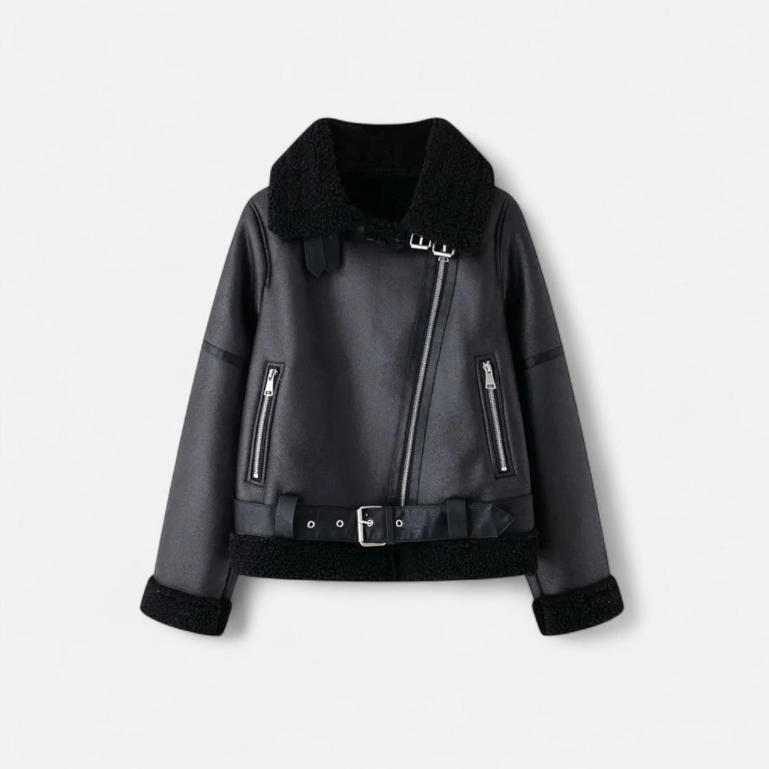 Winterjacke Damen aus Leder mit Gürtel in Schwarz