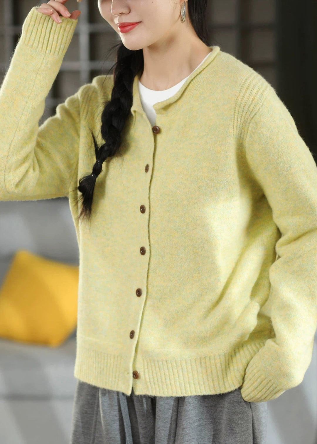 Winterjacke Damen aus leichtem Strickstoff im Cardigan-Stil in Gelb