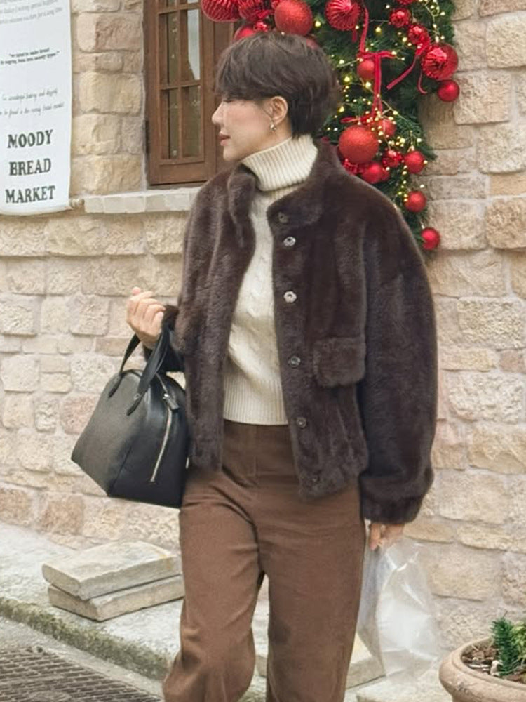 Winterjacke Damen im Teddy-Kunstfell Oversized in Dunkelbraun