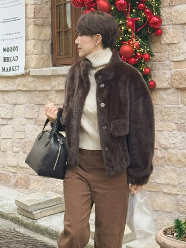 Winterjacke Damen im Teddy-Kunstfell Oversized in Dunkelbraun