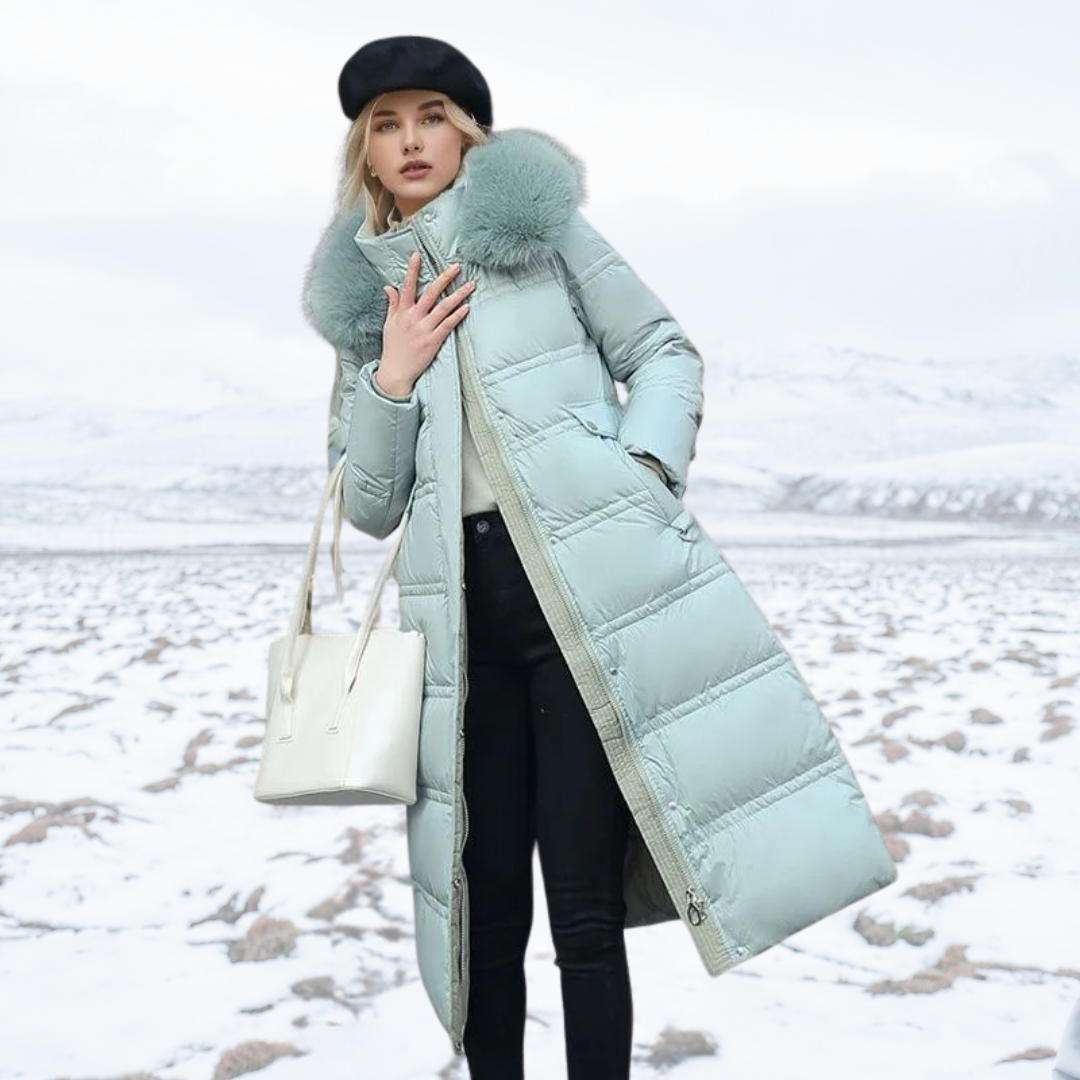 Winterjacke Damen Lang mit Hochkragen in Baby Blue With Beige Collar Lining