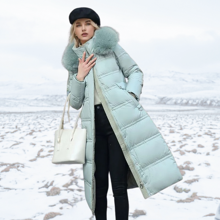 Winterjacke Damen Lang mit Hochkragen in Baby Blue With Beige Collar Lining