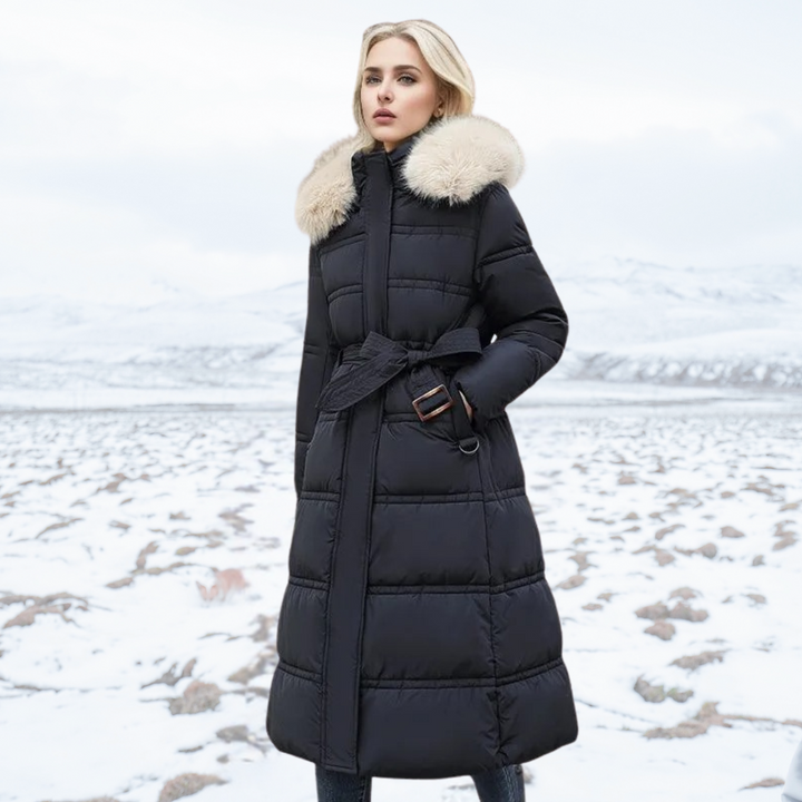 Winterjacke Damen Lang mit Hochkragen in Black With Beige Collar Lining