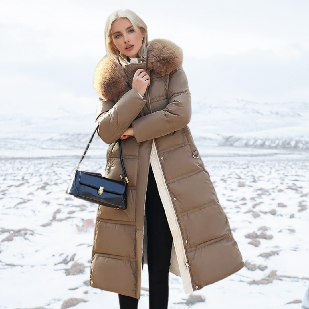 Winterjacke Damen Lang mit Hochkragen in Coffee With Beige Collar Lining