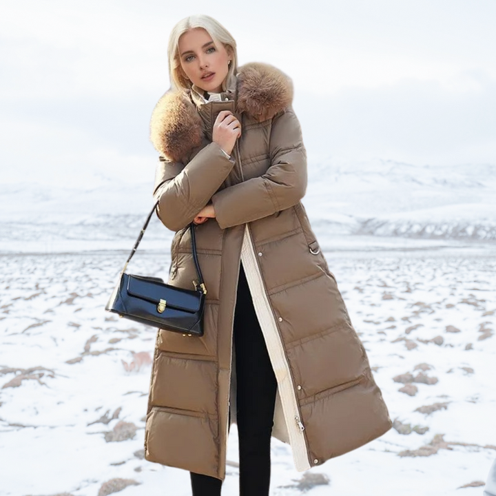 Winterjacke Damen Lang mit Hochkragen in Coffee With Beige Collar Lining