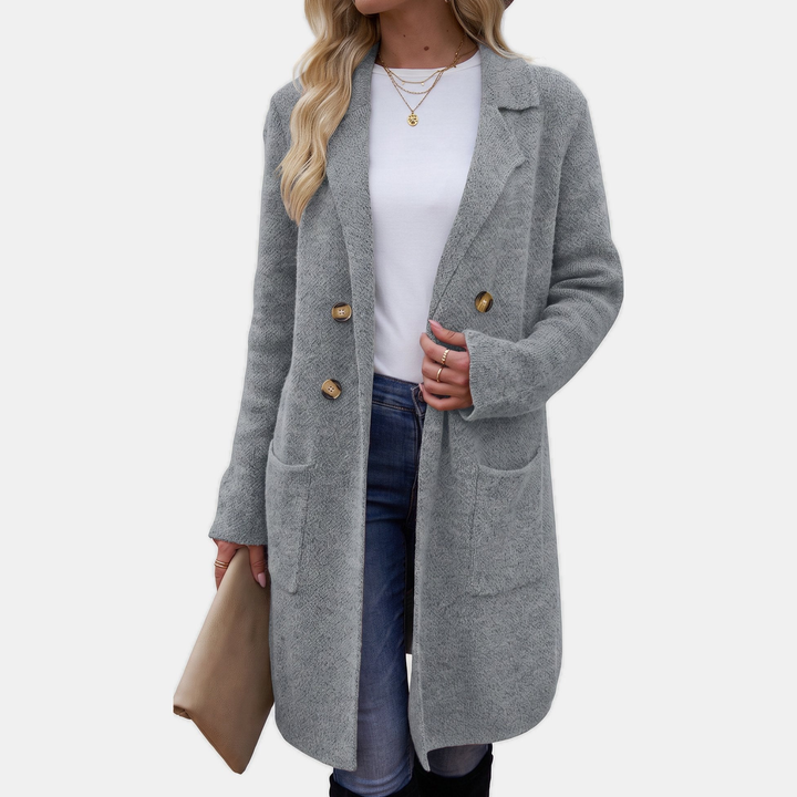 Wintermantel Damen elegant mit Reverskragen und Taschen in Blaugrau