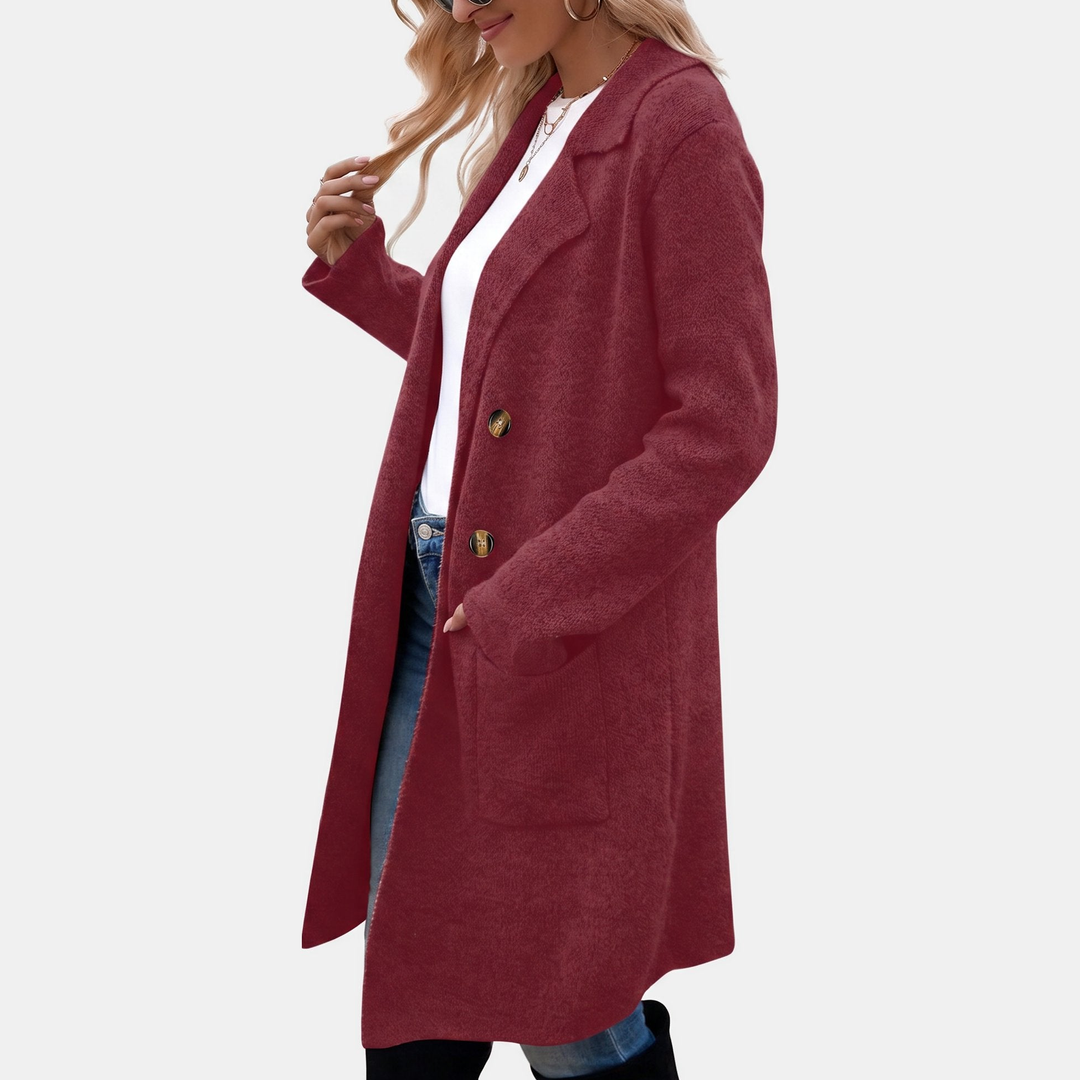 Wintermantel Damen elegant mit Reverskragen und Taschen in Bordeaux