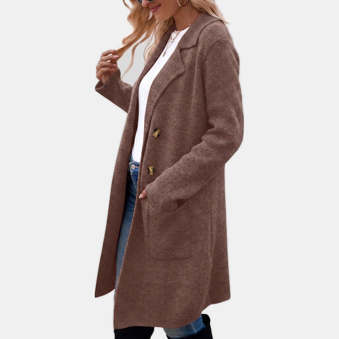 Wintermantel Damen elegant mit Reverskragen und Taschen in Braun