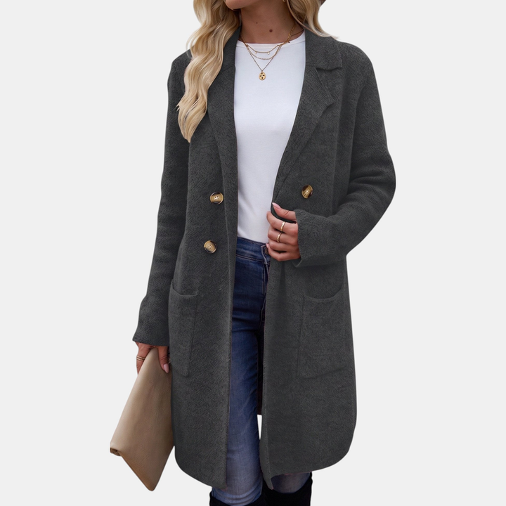 Wintermantel Damen elegant mit Reverskragen und Taschen in Dunkelgrau