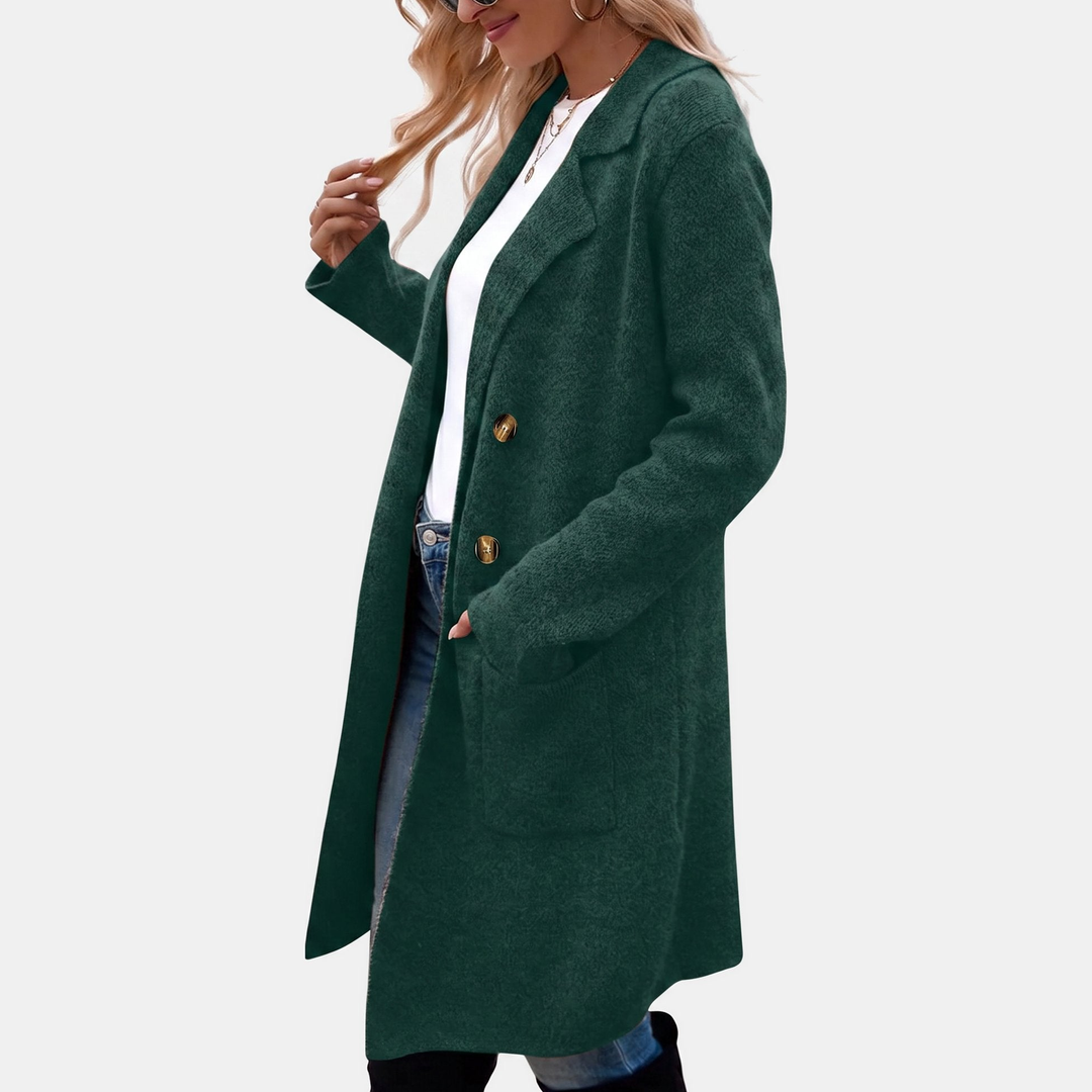 Wintermantel Damen elegant mit Reverskragen und Taschen in Dunkelgrün