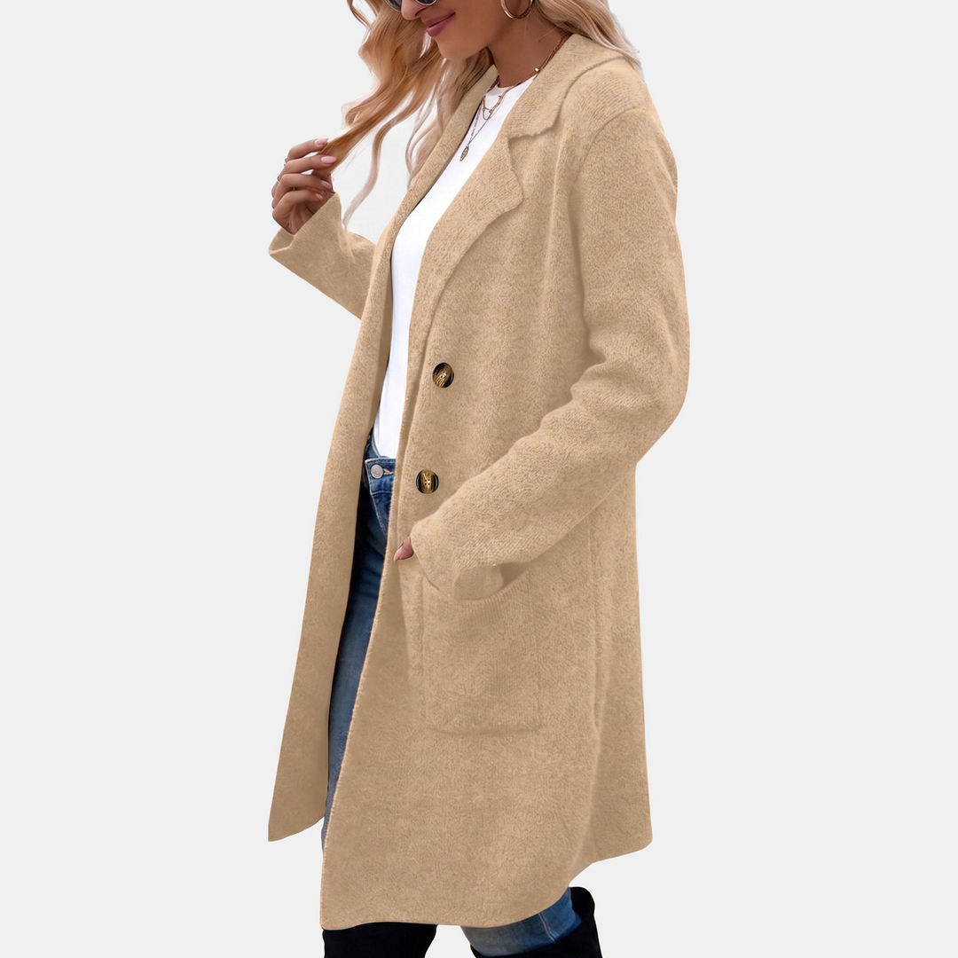 Wintermantel Damen elegant mit Reverskragen und Taschen in Khaki